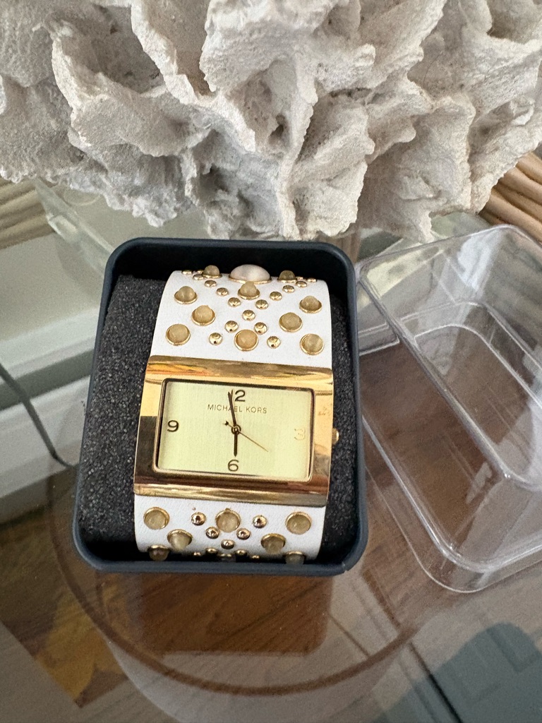 Michael Michael Kors White And Gold Studded Wide Cuff Watch 25$